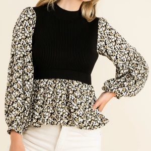 THML Mixed Media Knit and Floral Print Peplum Top A1